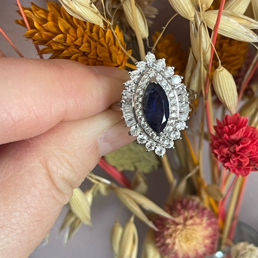 Iolite and white zircon double halo ring
